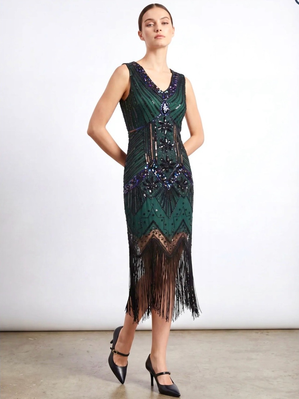 Women’s Green Beaded Sequin Fringe Sleeveless Vintage Inspired Dress Size L NWOT